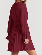 Load image into Gallery viewer, ZESICA Women's Sevy V Neck Long Sleeve Pleated A Line Wedding Cocktail Party Mini Dress with Belt,Wine,Small