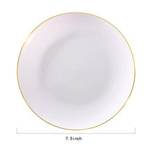Load image into Gallery viewer, NERVURE 100Pieces White with Gold Rim Plastic Plates- 7.5inch Disposable Gold Salad/Dessert Plates-Ideal for Weddings& Parties