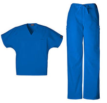 Load image into Gallery viewer, Cherokee Workwear Men's Dental/Medical Uniform Scrub Set - 4777 V-Neck Scrub Top & 4000 Drawstring Cargo Pants (Royal - Medium/Medium)