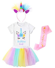 Load image into Gallery viewer, Girls Layered Tutu Skirt with Unicorn Tshirt, Headband & Satin Sash (Pink Purple Blue, 7-8 Years)