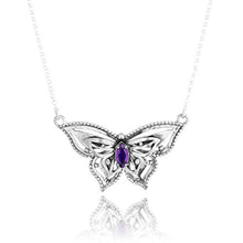 Load image into Gallery viewer, PZ Paz Creations 925 Sterling Silver Gemstone Butterfly Pendant for Woman Girl | Marquise Gemstone Necklace with Round Box Chain | Birthstone Blue Topaz Peridot Amethyst (African Amethyst)