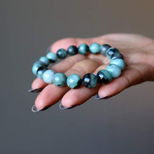 Load image into Gallery viewer, SatinCrystals Emerald Bracelet 9mm Boutique Genuine Untreated Gemstone Green Black Royal Round Stone Stretch B01 (7.5")