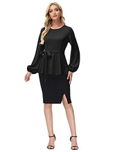 Load image into Gallery viewer, Kate Kasin Self Tie Dressy Work Blouse Tunic Tops Crew Neck Long Sleeve A Line Peplum Shirt Top Black X-Large