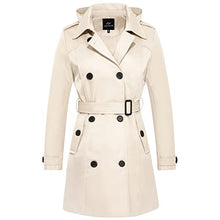 Load image into Gallery viewer, FARVALUE Women's Waterproof Trench Coat Double Breasted Windbreaker Classic Belted Lapel Overcoat with Removable Hood Beige Medium