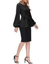 Load image into Gallery viewer, Kate Kasin Self Tie Dressy Work Blouse Tunic Tops Crew Neck Long Sleeve A Line Peplum Shirt Top Black X-Large