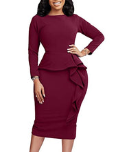 Load image into Gallery viewer, Mizoci Women's Sexy Long Sleeve Elegant Bodycon Ruffle Formal Midi Cocktail Party Dress, Small, Wine Red