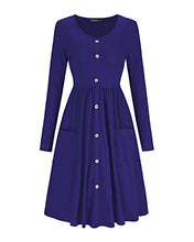 Load image into Gallery viewer, OUGES Women's Long Sleeve V Neck Button Down Midi Skater Dress with Pockets(Blue,M)
