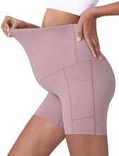 Load image into Gallery viewer, POSHDIVAH Women's Maternity Yoga Shorts Over The Belly Bump Summer Workout Running Active Short Pants with Pockets Pink 5" X-Large