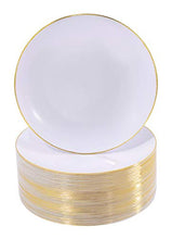 Load image into Gallery viewer, NERVURE 100Pieces White with Gold Rim Plastic Plates- 7.5inch Disposable Gold Salad/Dessert Plates-Ideal for Weddings& Parties