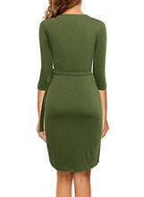 Load image into Gallery viewer, Berydress Women's 3/4 Sleeve V-Neck Draped Faux Wrap Sheath Knee-Length Solid Stretchy Cotton Business Wear to Work Dress (S, 6083-Army Green)