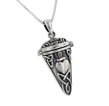 Load image into Gallery viewer, Celtic Knot Claddagh Perfume Vial - Poison Jar - Urn Pendulum Pendant w/ 18" Necklace - Sterling Silver