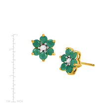 Load image into Gallery viewer, 1 ct Natural Emerald Flower Stud Earrings with Diamonds in 18K Gold-Plated Sterling Silver