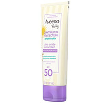 Load image into Gallery viewer, Aveeno Baby Continuous Protection Zinc Oxide Mineral Sunscreen Lotion for Sensitive Skin, Broad Spectrum SPF 50, Tear-Free, Sweat- & Water-Resistant, Paraben-Free, Non-Greasy, 7 fl. oz