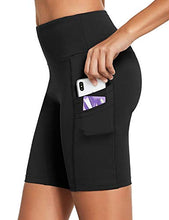 Load image into Gallery viewer, BALEAF Women's 8" Compression High Waist Biker Yoga Shorts Workout Seamless Front Luxury Pocketed Shorts Black Size M