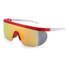 Load image into Gallery viewer, JIM HALO Oversized Flat Top Shield Sunglasses One Piece Mirror Glasses Men Women (Red White Frame/Mirror Gold Lens)