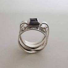 Load image into Gallery viewer, Woman of Valor Hebrew Engraved Multiband Sterling Silver and Onyx Ring, Jewish Jewelry for Women