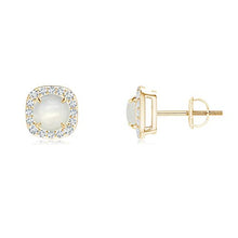 Load image into Gallery viewer, June Birthstone - Claw-Set Moonstone and Diamond Cushion Halo Stud Earrings in 14K Yellow Gold (5mm Moonstone)