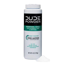 Load image into Gallery viewer, Dude Products Body Powder, Menthol Chill 4 Ounce Bottle Natural Deodorizers Cooling Menthol & Aloe, Talc Free Formula, Corn-Starch Based Daily Post-Shower Deodorizing Powder for Men, Cooling Menthol