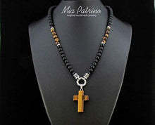 Load image into Gallery viewer, Mens Onyx Necklace,Mens Necklace,Tiger Eye Necklace,Cross Necklace,Mens Gemstone Necklace,316L Stainless Steel,Mens Beaded Necklace,Gift Box