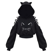 Load image into Gallery viewer, Aniywn Cute Hoodie Tops for Women Girls Cat Ear Pullover Tops Lace-up Cold Shoulder Lantern Sleeves Shirts Hooded Sweatshirt