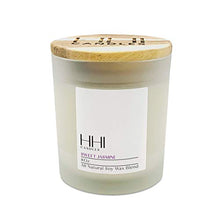 Load image into Gallery viewer, HHI Candles Sweet Jasmine Scented Candles. All Natural Soy Wax Candle with Thick Frosted Glass and Bamboo Wood Lid. 1 Wick Candle Size 8 Oz.