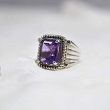 Load image into Gallery viewer, Amethyst Silver Men Ring, Solid 925K Sterling Silver, Faceted Square, Natural, Handmade Jewelry, Rope Design, Four Prong Design, Men's Amethyst Ring, Gift For Him, Good Friday Gift, Size 4-13