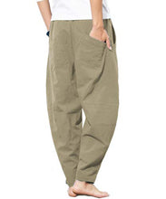 Load image into Gallery viewer, perdontoo Men's Linen Cotton Loose Fit Casual Lightweight Elastic Waist Summer Pants (X-Large, Olive)