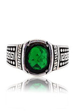 Load image into Gallery viewer, Elegant Greek Wave Detailed Oval Emerald Silver Ring. Stylish Handmade Vintage Statement Ring. Sterling Silver Jewelry for Men.