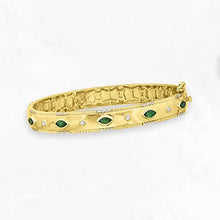 Load image into Gallery viewer, Ross-Simons 0.80 ct. t.w. Emerald and .26 ct. t.w. Diamond Bangle Bracelet in 18kt Gold Over Sterling. 8 inches