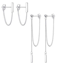 Load image into Gallery viewer, Milacolato 2Pairs Minimalist Tiny Bar Earrings with Threader Chain Sterling Silver Dangle Chain Earrings for Women