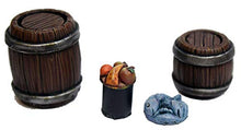 Load image into Gallery viewer, War World Gaming Fantasy Village Street Market Stall and Barrels Set – 28mm Heroic Scale Wargaming Terrain Model Diorama Scenery Wargame Tabletop Medieval Battle Wargame Battleboard