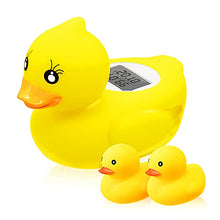Load image into Gallery viewer, Baby Bath Thermometer Floating Toy, BabyElf Rubber Duck Thermometer for Infants, Water and Room Safty Thermometer for Bathtub Bath Pool, with Temperature Warning, 2 Extra Duck Toys