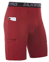 Load image into Gallery viewer, SILKWORLD Men's Compression Shorts Pockets Sports Running Tight,Red-2,M