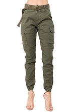Load image into Gallery viewer, TwiinSisters Women's High Waist Slim Fit Color Cargo Joggers Pants with Matching Belt - Medium, Olive