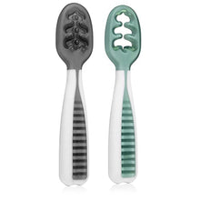 Load image into Gallery viewer, NumNum Pre-Spoon GOOtensils | Baby Spoon Set (Stage 1 + Stage 2) | BPA Free Silicone Self Feeding Toddler Utensils | For Kids Ages 6 Months+, 2-Pack (Four Spoons), Storm Gray/Glacier Green