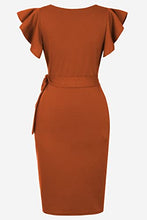 Load image into Gallery viewer, oten Womens Deep V Neck Ruffle Sleeve Sheath Casual Cocktail Party Work Faux Wrap Dress Rust Red Small