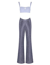 Load image into Gallery viewer, UONBOX Women's Silver Sparkly Wide Leg Trousers and Tops Set Cocktail Party Outfit (S, Silver)