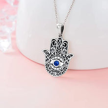 Load image into Gallery viewer, Hamsa Evil Eye Necklace 925 Sterling Silver Hand of Fatima Crystal Necklace Evil Eye Vintage Pendant Jewelry for Women Man