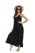 Load image into Gallery viewer, BUENOS NINOS Women's V Neck Floral Maxi Dress Boho Printed Adjustable Spaghetti Strap Ethnic Beach Long Dress with Pockets L Pure Black Dress