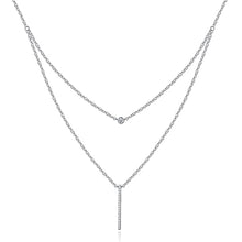Load image into Gallery viewer, White Gold Plated Linear Bar Double Strand Necklace for Women, Tiny Round Cubic Zirconia & Bar Pendant Chain Necklace