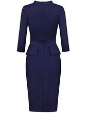 Load image into Gallery viewer, Moyabo Lady Formal Gorgeous Mock Collar Fall Special Occasion High Stretch Midi Dress Navy Blue Small
