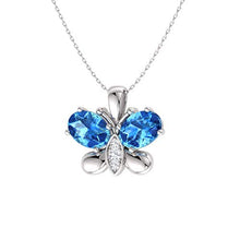 Load image into Gallery viewer, Diamondere Natural and Certified Oval Cut Blue Topaz and Diamond Butterfly Necklace in 14k White Gold | 0.60 Carat Pendant with Chain