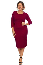 Load image into Gallery viewer, ICONOFLASH Women's Burgundy Dresses 3/4 Sleeves Crew Neck Bodycon Midi Dress Size Medium