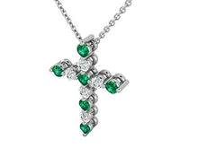 Load image into Gallery viewer, 14K White Gold 1/4 CTGW (G-H Color, SI2-I1 Clarity) Natural Diamond and Emerald Cross Pendant (Small Size) for Women with FREE 18" Sterling Silver Chain