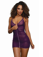 Load image into Gallery viewer, Dreamgirl Women's Stretch Mesh Chemise with Shirring Details and G-String Set, Plum, One Size