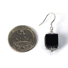 Load image into Gallery viewer, Natural Stone Wire Wrap Dangle Drop Earrings Platinum Plated 925 Sterling Silver Hook/Black Onyx Cube 10mm