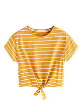 Load image into Gallery viewer, ROMWE Women's Knot Front Long Sleeve Striped Crop Top Tee T-shirt, Yellow & White, Small / US 0-2