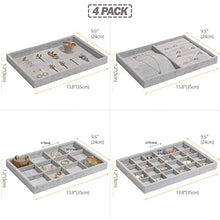 Load image into Gallery viewer, DIOMMELL 4 Pack Stackable Velvet Jewelry Trays Organizer, Jewelry Storage Box Display Trays Showcase Holder Closet Dresser Drawer Organizer for Earring Necklace Bracelet Ring Accessary, Grey