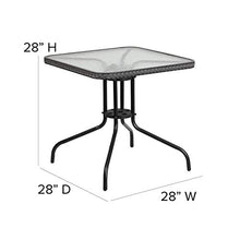 Load image into Gallery viewer, Flash Furniture 28'' Square Glass Metal Table with Gray Rattan Edging and 4 Gray Rattan Stack Chairs