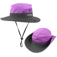 Load image into Gallery viewer, Kids UV Sun Hat with Ponytail Hole UPF 50 Bucket Cap for Girls Summer Beach & Fishing (S:2-5T(Head circumferences 19"-20.6"), Purple)